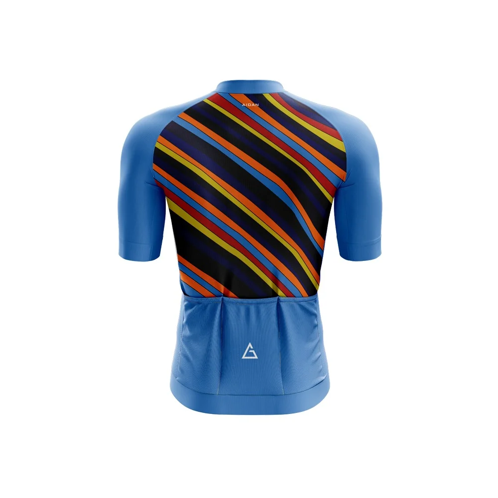 Experience the perfect blend of style and functionality with our cycling jersey in a captivating dark blue shade adorned with a mesmerizing mixture of multi-color accents.