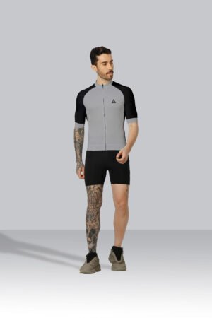 Front view of Aidan Global's Ashen Night black and gray race fit cycling jersey with delta logo and full zipper, showcasing short sleeves and ergonomic design
