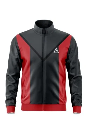 Front view of Aidan Global Apex Trailblazer Jacket in black and red with sleek design and logo detailing.