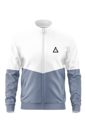 Front view of the Fusion Flex Jacket by Aidan Global with a modern white and blue color-block design and zippered closure.