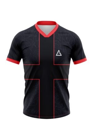 Front view of Crossfire Football Jersey in black and red with bold accents and athletic fit