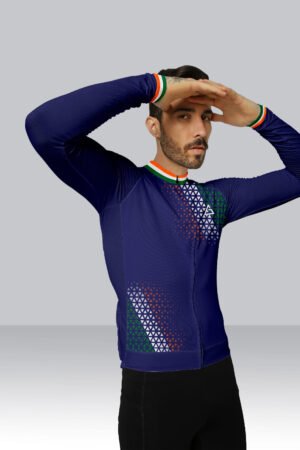 Cyclist wearing the Blue Dawn Independence Day Special Edition Race Fit Jersey in bold blue with tricolour accents, symbolizing unity and pride