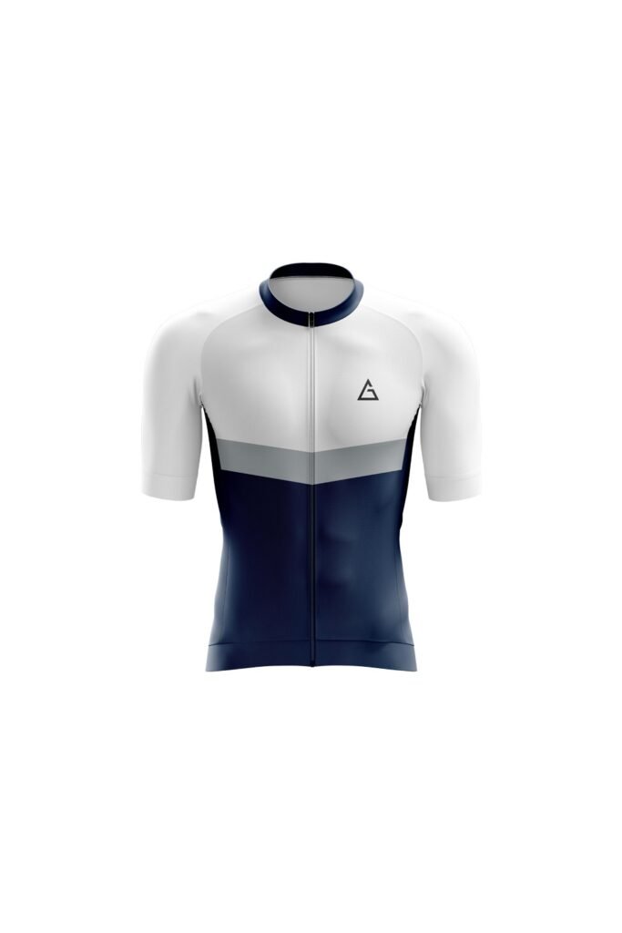White and navy blue cycling jersey with short sleeves and front zipper.