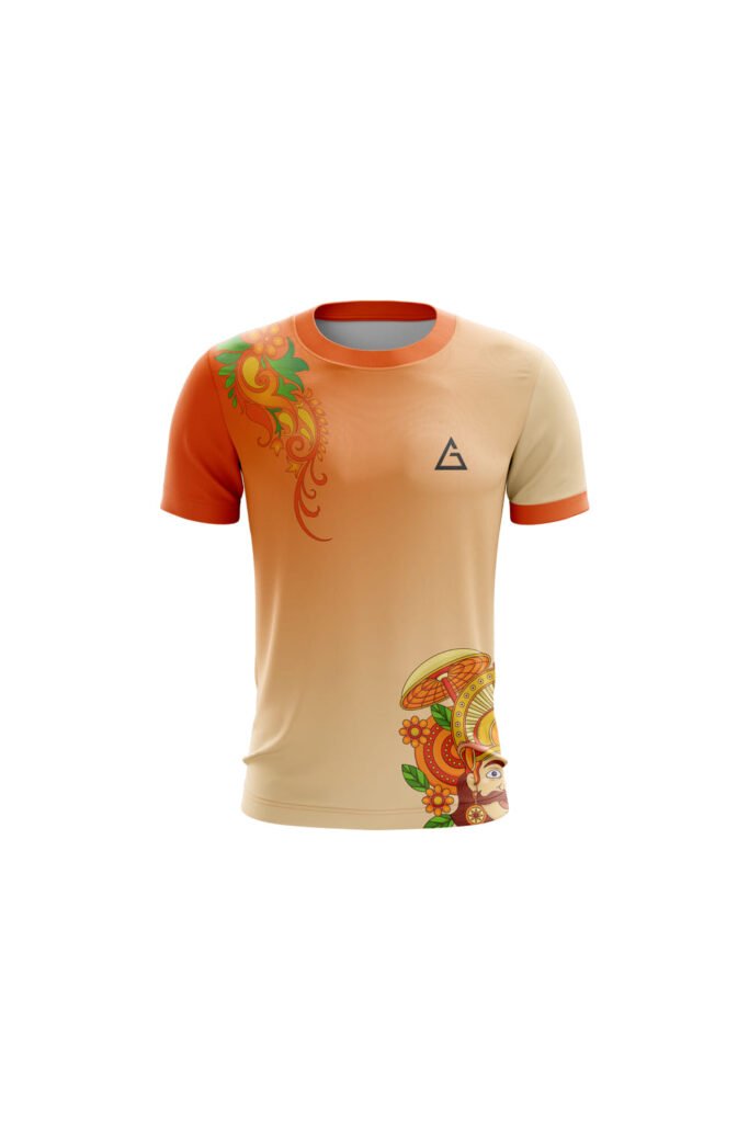 Onam Kalayaan Festive Wear T-Shirt with Mahabali artwork, floral motifs, and beige-orange gradient design.
