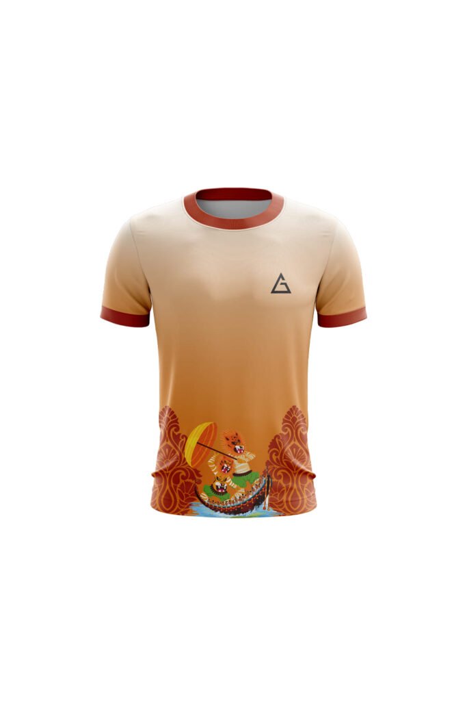 Onam Heritage Edition T-Shirt with Vallamkali boat race and Pulikali tiger dance artwork in beige-orange festive design.