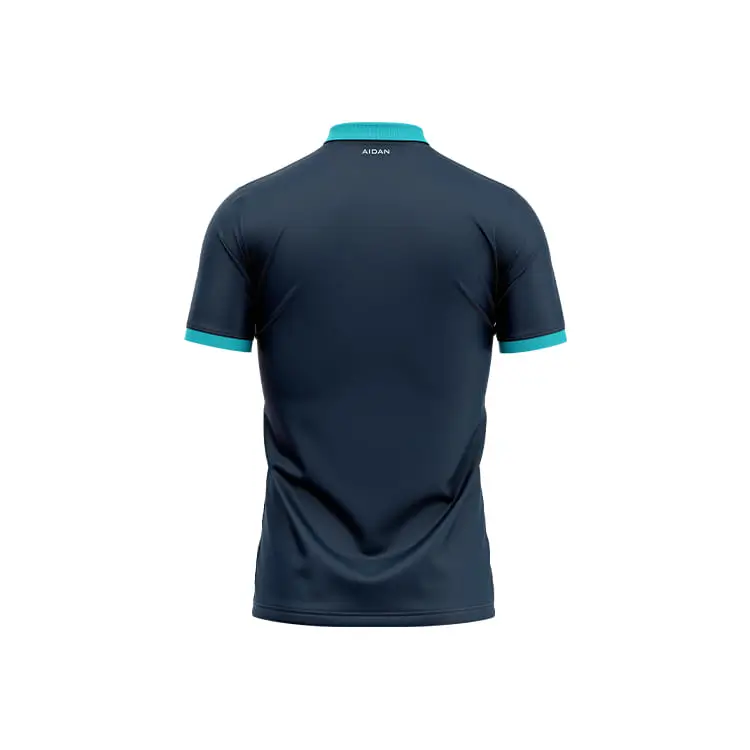 Velocity Strike Jersey – Premium Cricket Jersey back side, featuring a solid navy blue color with teal trim and a small 'AIDAN' label at the collar.