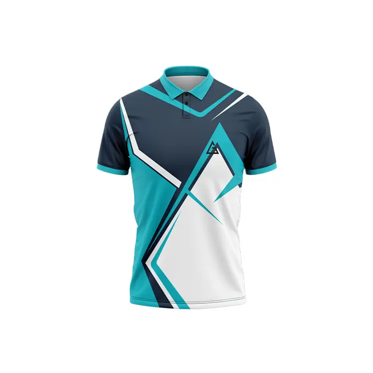 Velocity Strike Jersey – Premium Cricket Jersey front side showing geometric patterns in teal blue, navy, and white, with a polo collar and a white chest logo.