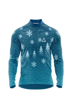 Snowpine Winter Cycling Jersey in blue featuring white snowflakes and pine trees, full sleeves, front zipper, and Aidan logo for thermal comfort and festive style