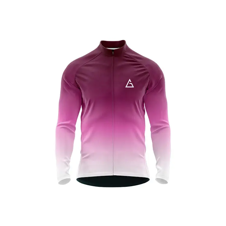 RoseFade winter cycling jersey front view: features seamless rose pink to white gradient, full sleeves, high collar, and a white logo on the chest for modern, athletic winter wear