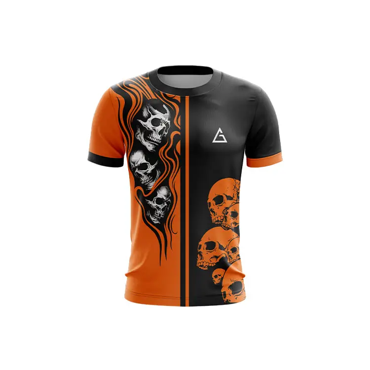 Halloween jersey front view, orange and black split with bold skull graphics and logo