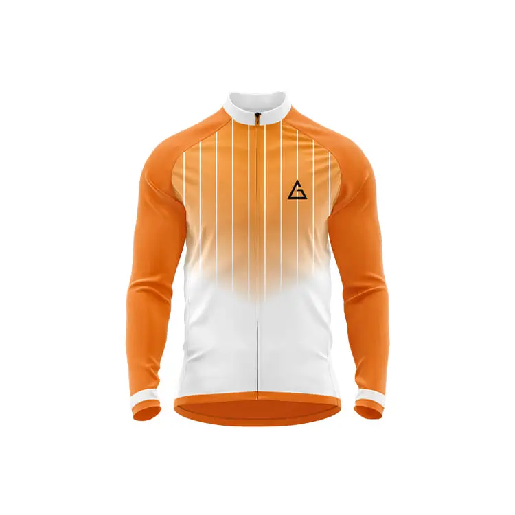 SunStride winter cycling jersey front – bright orange to white gradient, vertical white stripes over the chest, full sleeves, high white collar, full zipper, and Aidan logo on left chest.