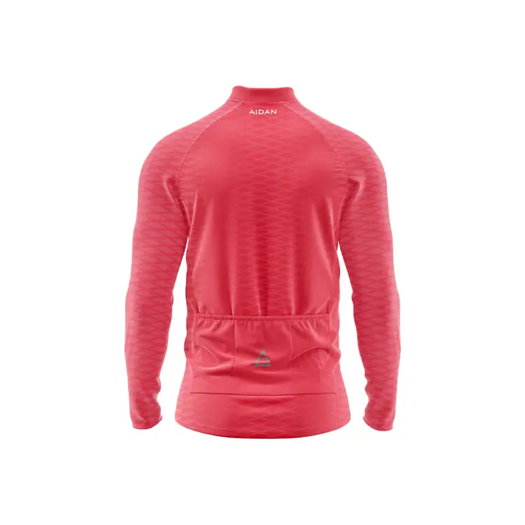 Zigblaze Winter Full Sleeve Cycling Jersey back view in red with zigzag accents, three rear pockets, and Aidan logo for breathable winter cycling storage