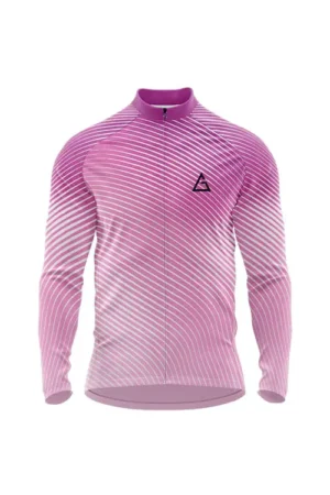 Frostwave Thermal Cycling Jersey in pink gradient with white diagonal stripes, full sleeves, front zipper, and Aidan logo on chest for winter rides.