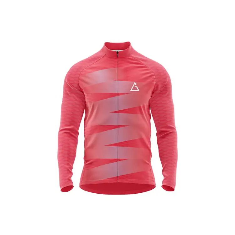 Zigblaze Winter Full Sleeve Cycling Jersey front view in red gradient with white zigzag patterns, full zipper, and Aidan logo on chest for thermal winter performance