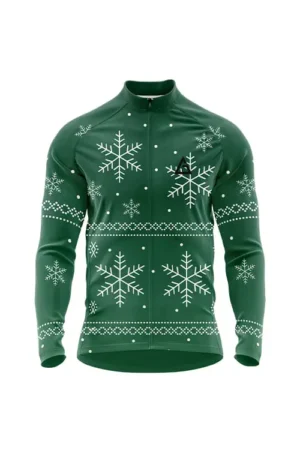 Snowdrift Winter Full Sleeve Cycling Jersey front in green with white snowflake patterns, full zipper, and Aidan logo on chest for holiday thermal performance​​
