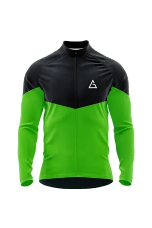 NeoVibe Winter Full Sleeve Cycling Jersey front in black and lime green V-pattern, full zipper, and Aidan logo on chest for thermal winter performance​​