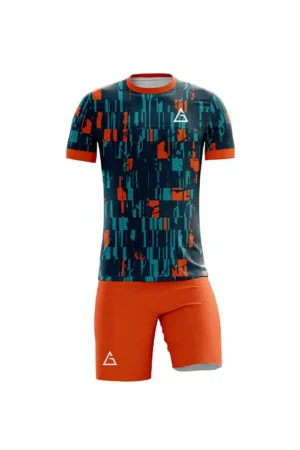 Front view of fully sublimated football kit featuring teal and orange geometric graphic jersey, orange shorts, custom sublimated football jersey design, optimal wicking and UV protection
