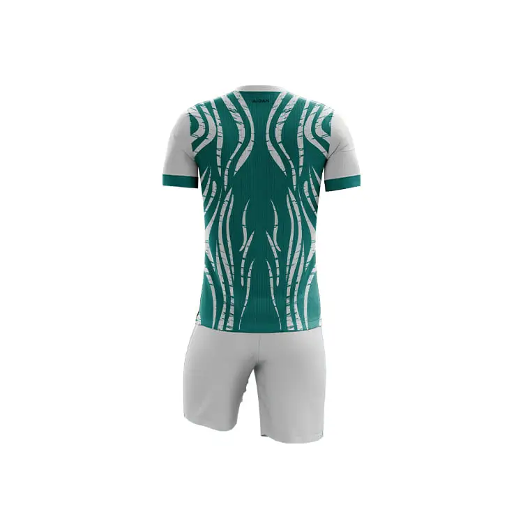 Back view of WaveForce Dri-Fit Football Kit showing full teal color, wave sublimation pattern, export quality DRI FIT antibacterial fabric, Aidan Global logo at upper back. With white shorts