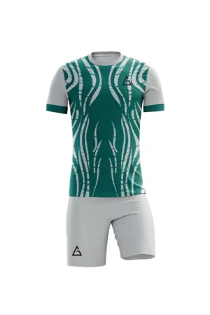 Front view of WaveForce Dri-Fit Football Kit in teal color, dynamic fully sublimated wave pattern, DRI FIT antibacterial export quality fabric, Aidan Global logo placed on left chest and left thigh