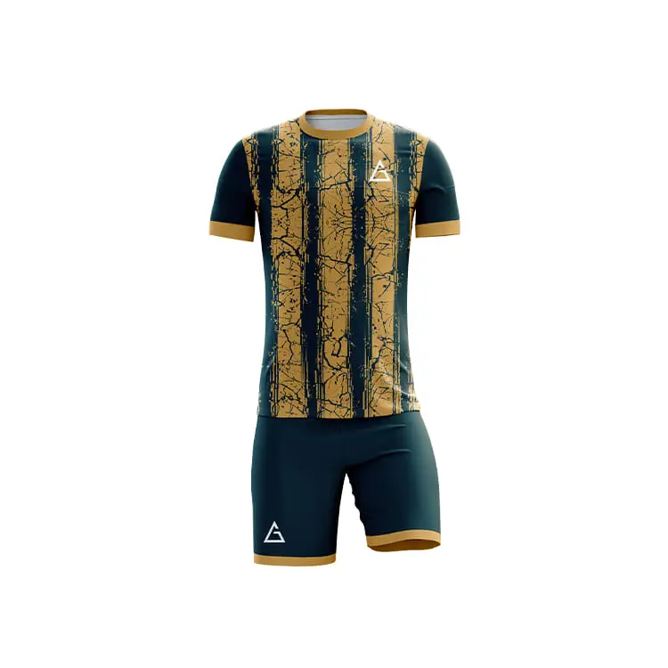 Front view of fully sublimated football kit featuring dark green and gold vertical marble stripe jersey, gold cuffs and collar, green shorts with gold hems, moisture wicking and UV protection.